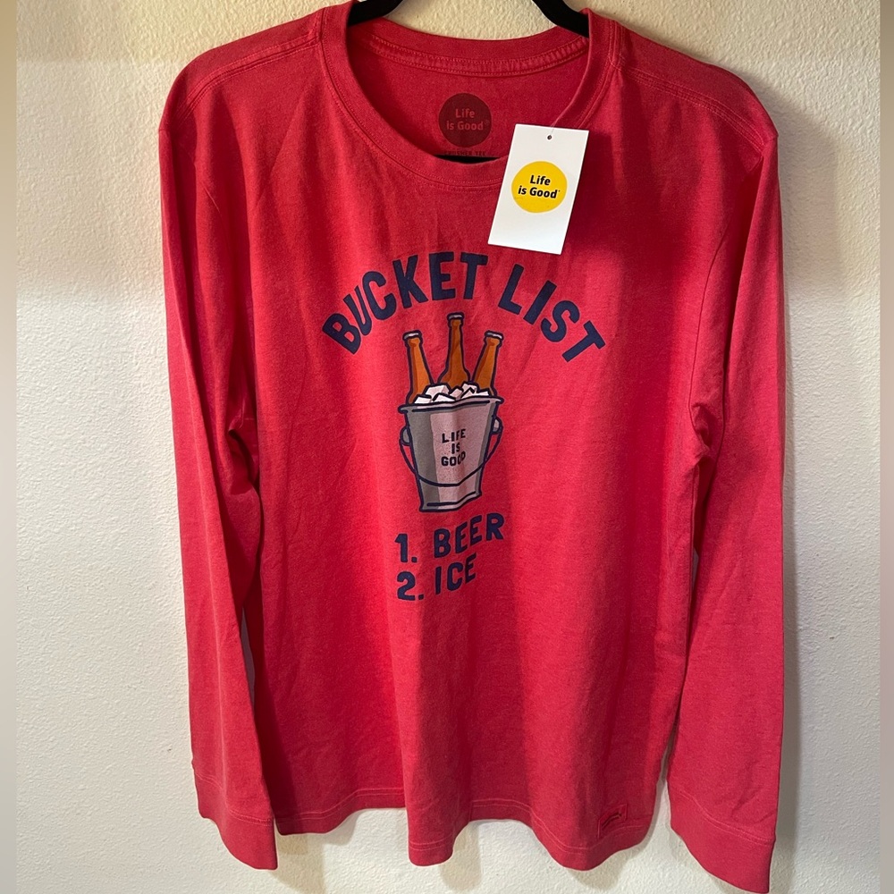Life Is Good red “Bucket List” long-sleeved shirt, size M, new with tags